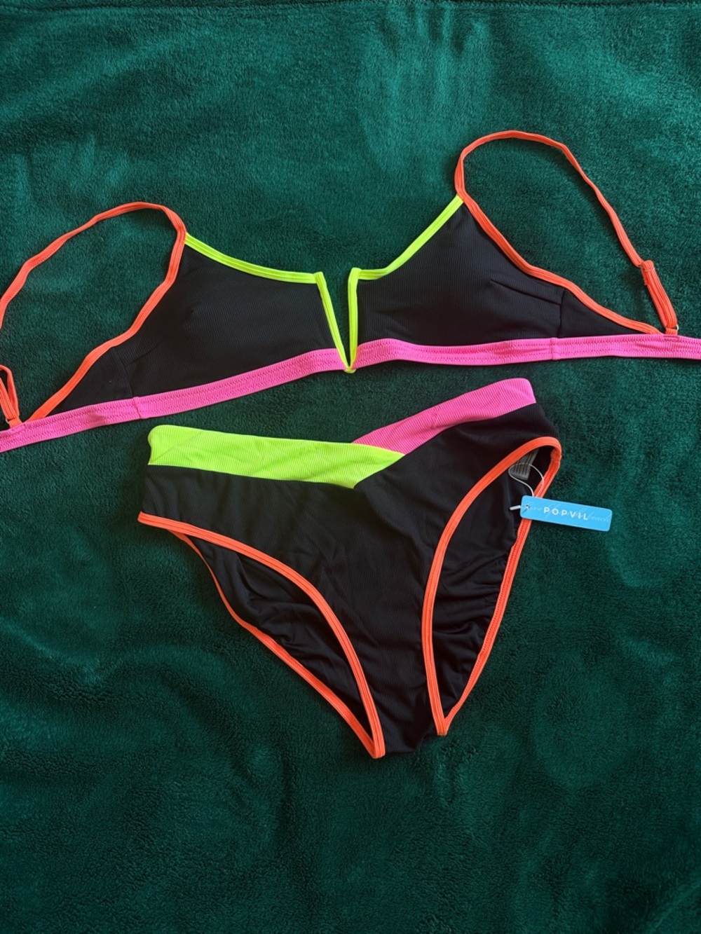 Black Bikini Set with Neon Pink & Neon Green Trim